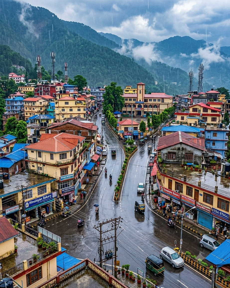 Hill town in Uttarakhand surrounded by green mountains