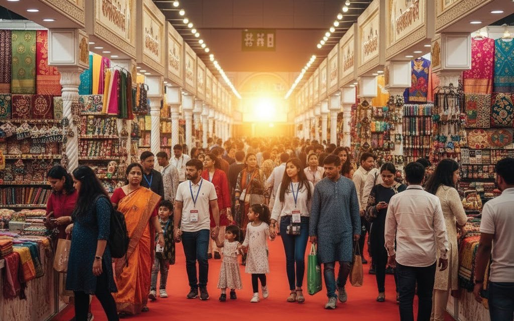 Visitors walking through a busy trade expo hall