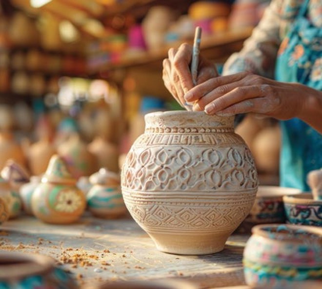 Artisan decorating a handmade clay pot