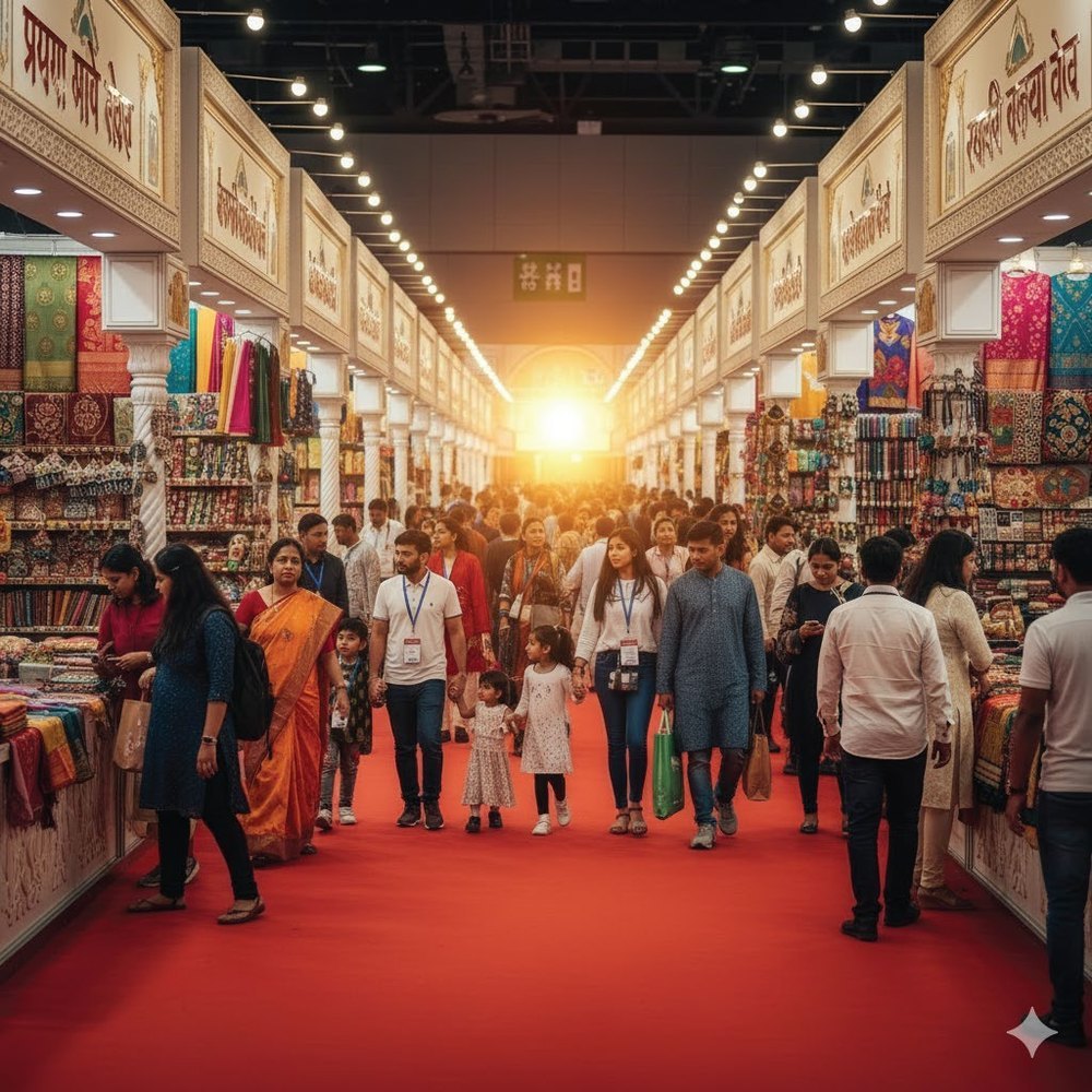 Visitors walking through a busy expo hall lined with brand stalls