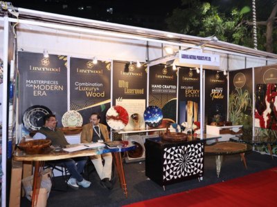 Wooden furniture and decor stall at a PHDCCI trade expo