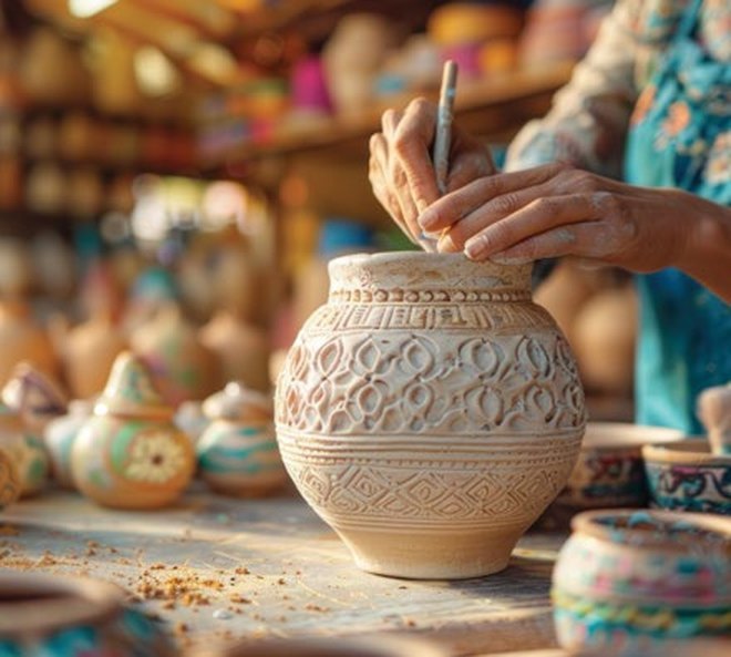 Artisan decorating a handmade clay pot